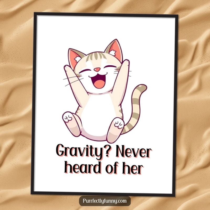 Funny Free Printable Wall Art: A cat mid-somersault, eyes closed in pure joy and delight, full of playful energy.