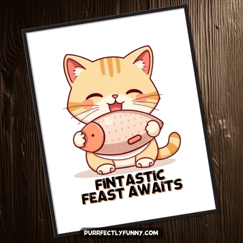 Funny Free Printable Wall Art: A cat in a bib joyfully devours a giant fish treat, bringing smiles to any room.