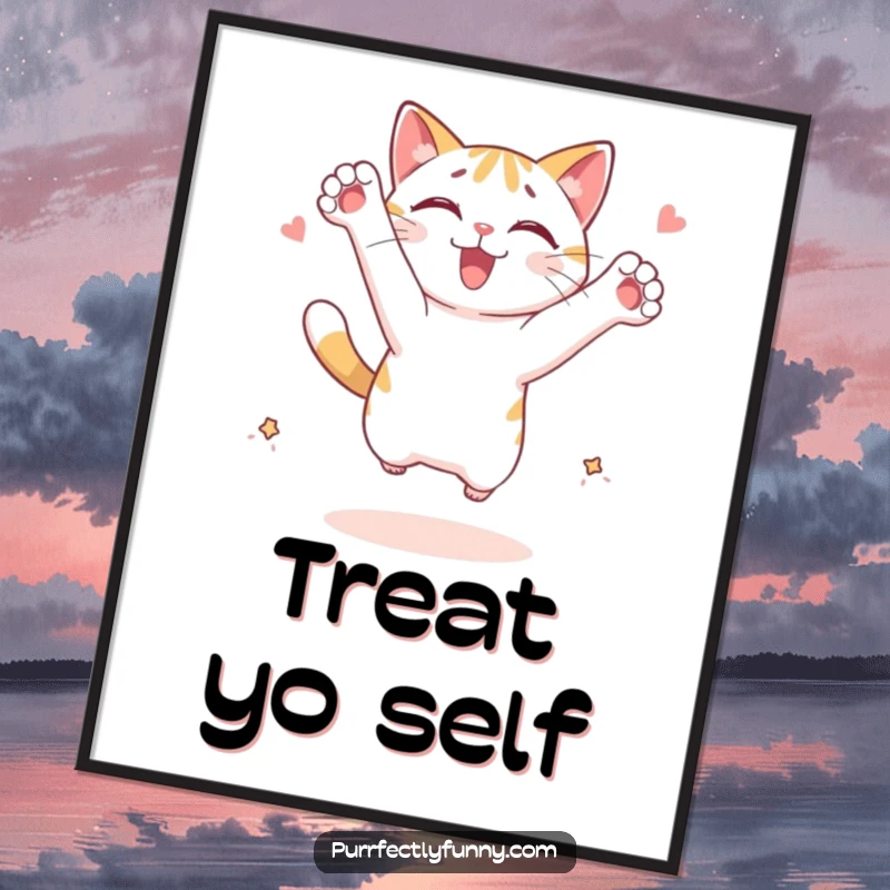 Funny Free Printable Wall Art: A cat character enthusiastically leaps with paws outstretched towards an imagined treat.
