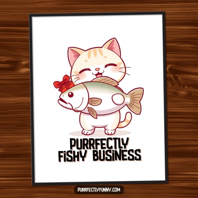 Funny free printable wall art featuring a smiling cat proudly holding up a giant fish as a humorous gift.
