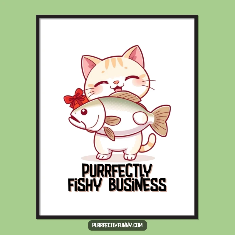 Funny Free Printable Wall Art: Cat Offering Giant Fish, Humorous Downloadable Decor