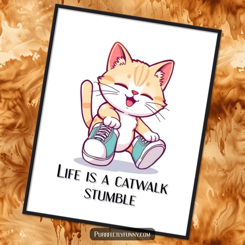 Funny Free Printable Wall Art of a cat comically tripping while wearing enormous, oversized shoes.