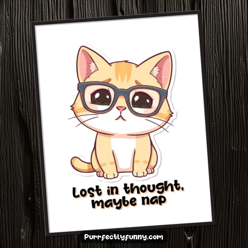 Funny Free Printable Wall Art depicting a cat wearing comically large glasses, looking utterly baffled by everything.