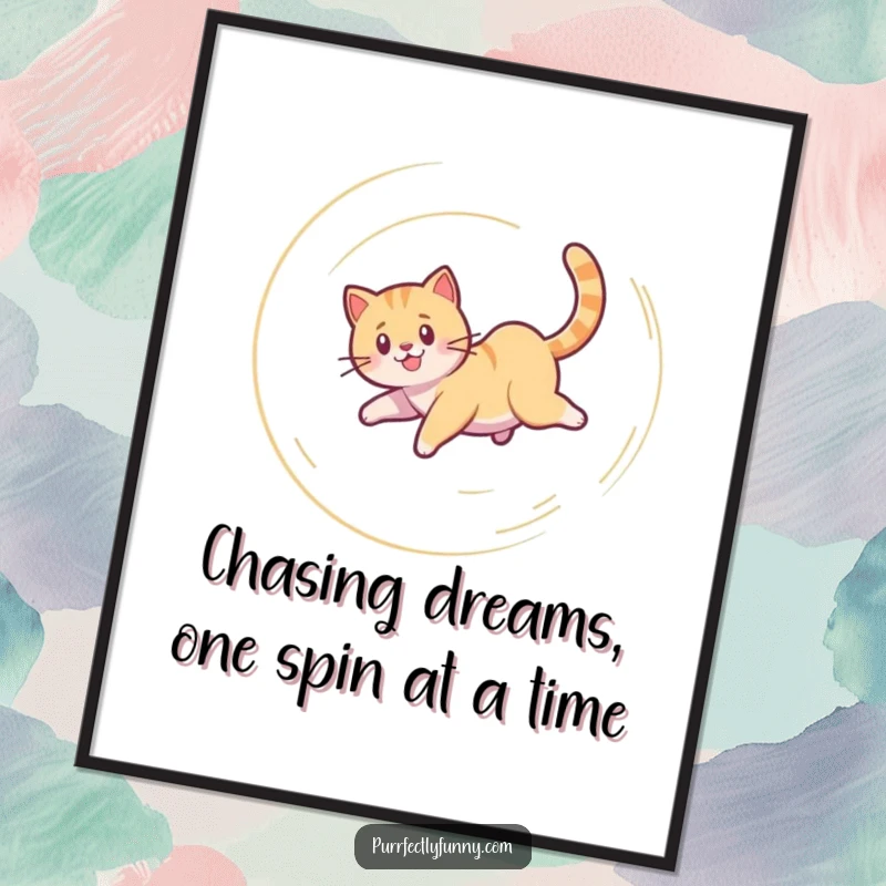 Funny Free Printable Wall Art: A cat caught in a humorous, dizzying spiral as it chases its own tail with glee.