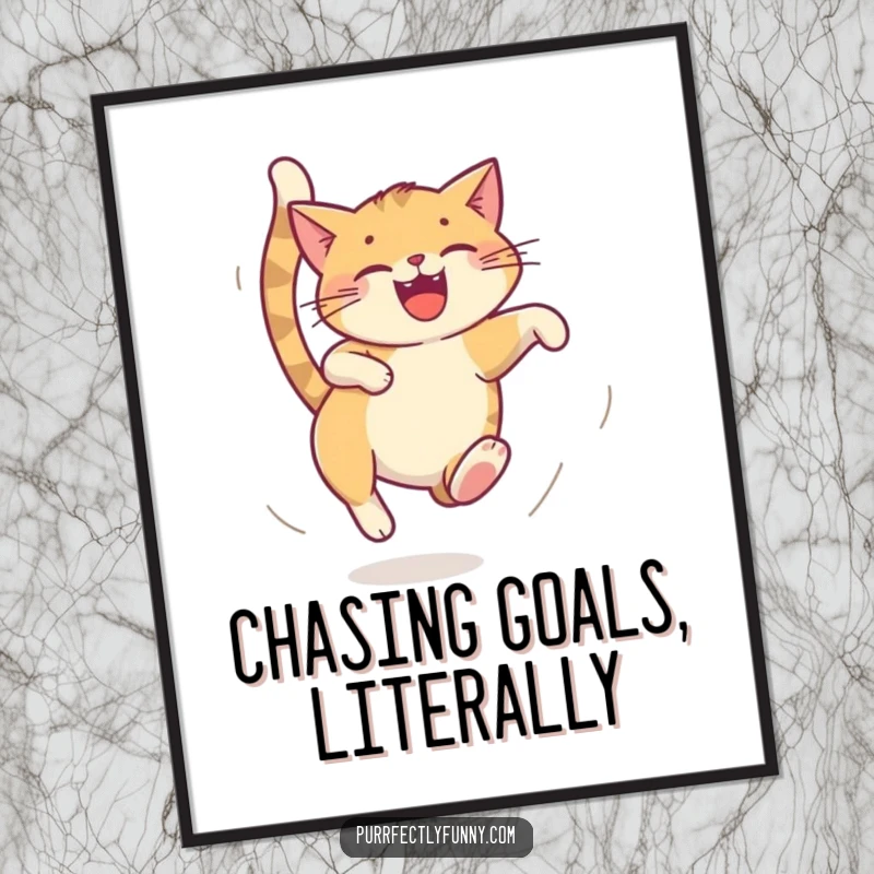 Funny Free Printable Wall Art: A cat is depicted mid-spin, joyfully chasing its tail in a dizzying, energetic loop.