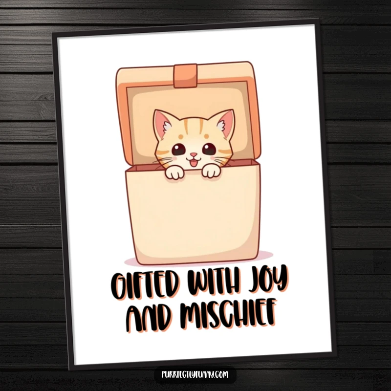 Funny free printable wall art of a cat excitedly peeking out of a massive, open gift box, ready for fun.