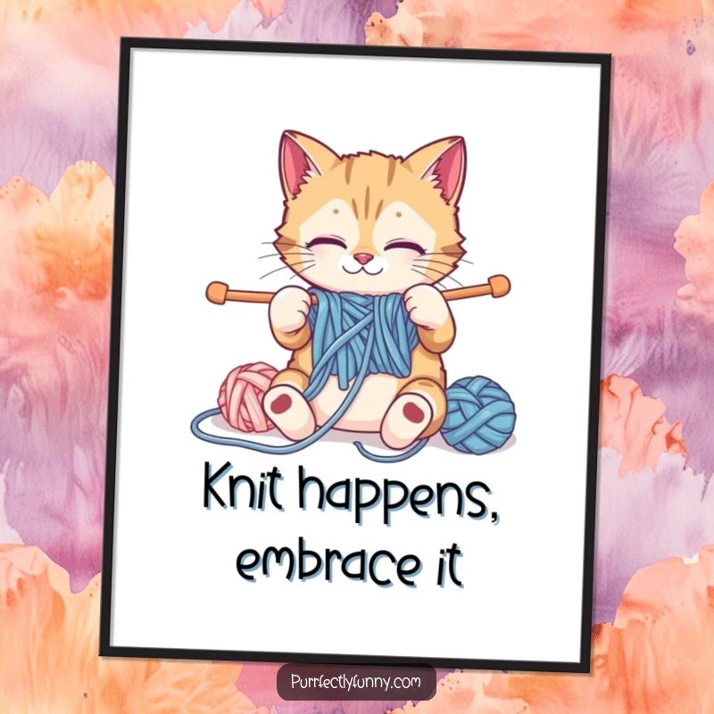 Funny Free Printable Wall Art of a cat hilariously attempting to knit with impossibly large yarn and needles.