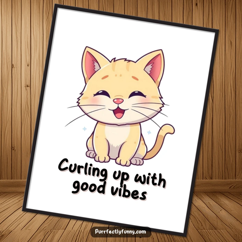 Funny Free Printable Wall Art depicting a happy cat with whiskers playfully curled into delightful, optimistic spirals.