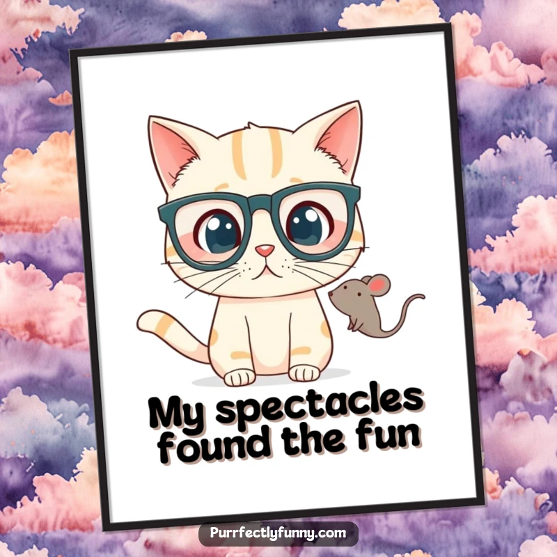 Funny free printable wall art: a cat wearing large glasses looks shocked at a toy mouse floating nearby.