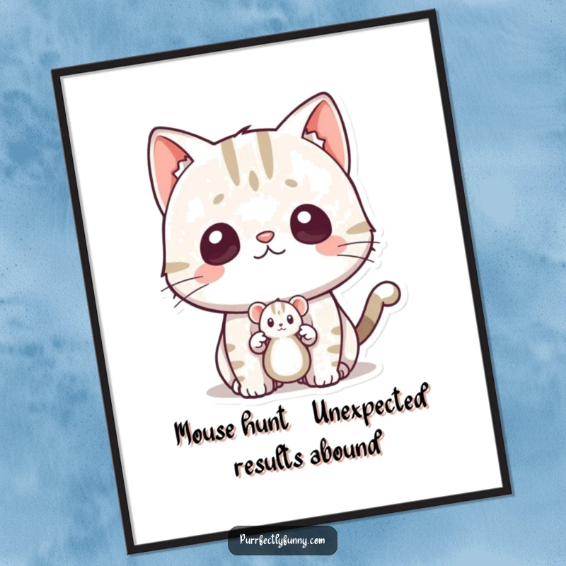 Funny Free Printable Wall Art: A cat with an exaggerated surprised expression, eyes wide, looking at a toy mouse.