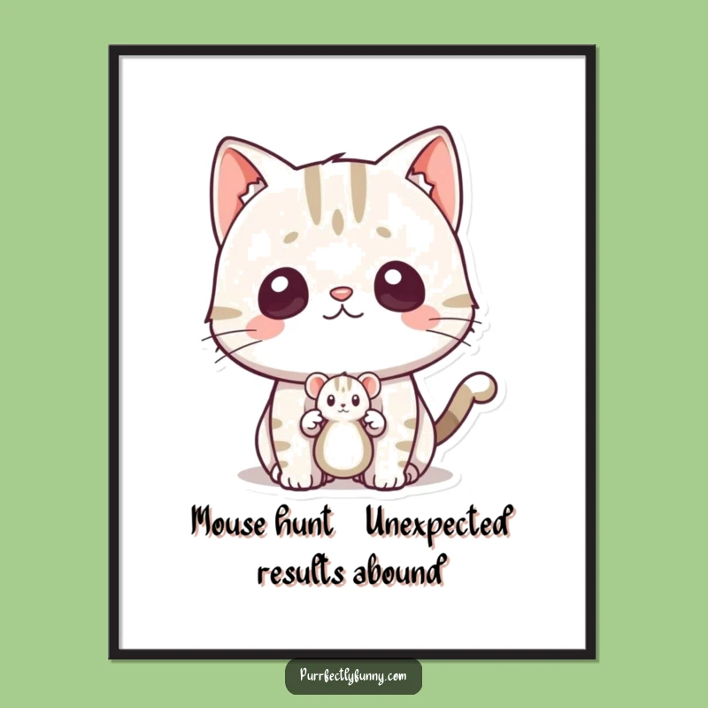 Funny Free Printable Wall Art: Surprised Cat startles at Mouse Toy, Quirky Downloadable Art