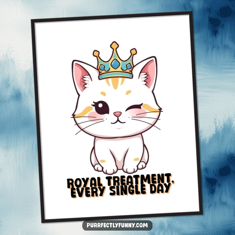 Funny Free Printable Wall Art: A cat sporting a crown, offering a sly, humorous wink to viewers, full of personality.