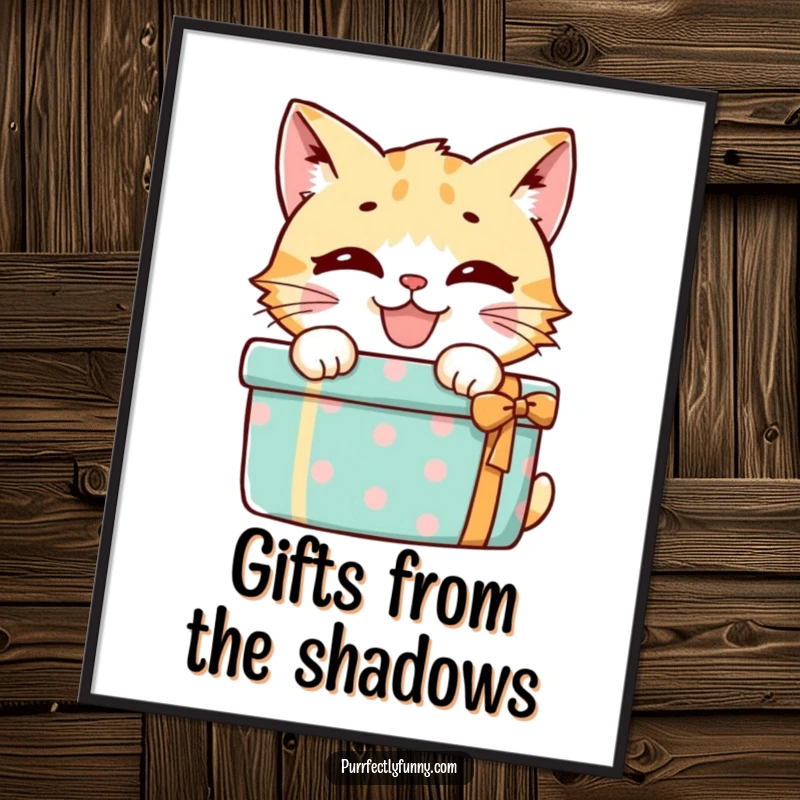 Funny Free Printable Wall Art: Mischievous cat peeks from behind gift, perfect DIY downloadable art for fun.