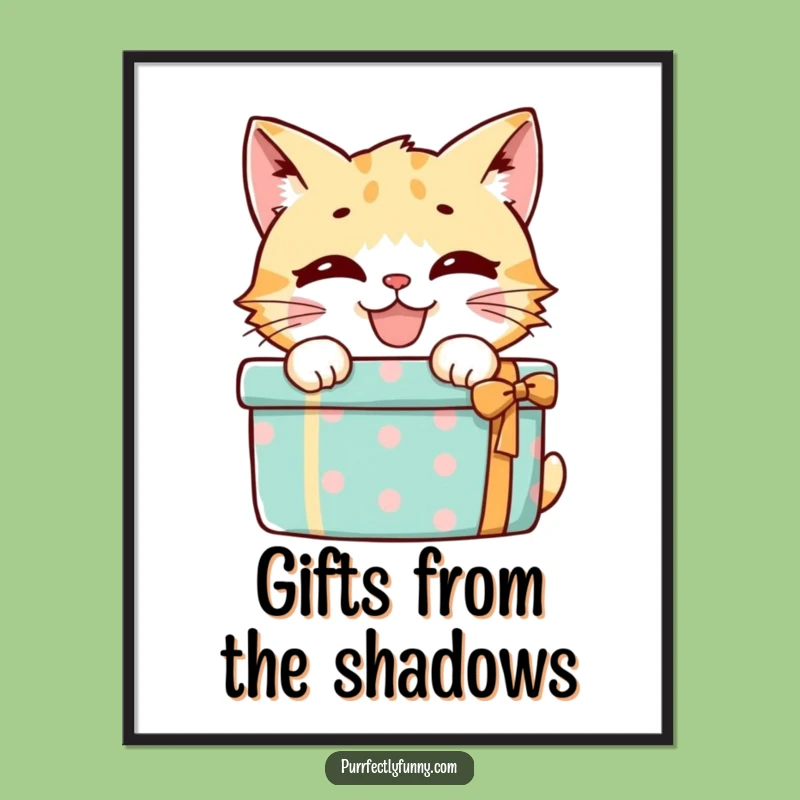 Free Printable Wall Art: Mischievous Cat Behind Present - Humorous Downloadable Decor