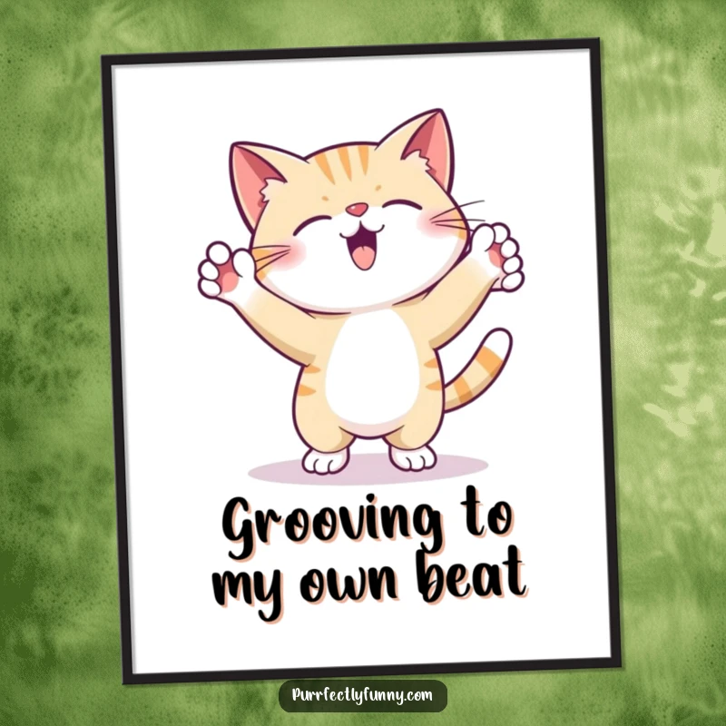 Funny free printable wall art capturing a cat in a hilarious, energetic dance pose with paws in the air.