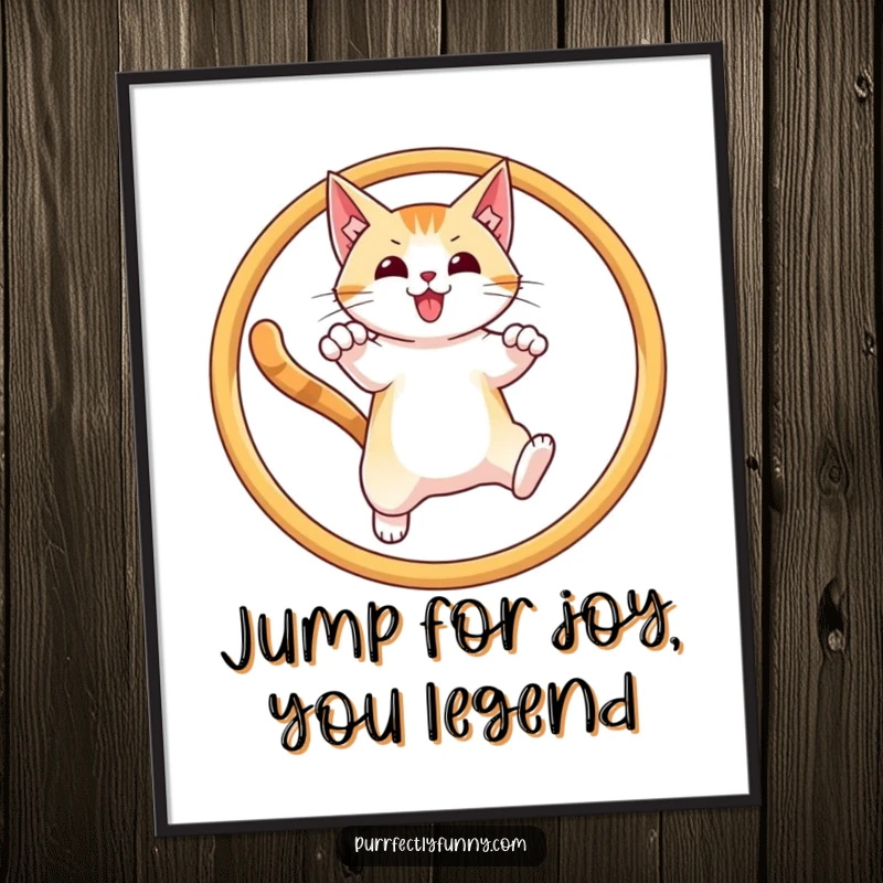 Funny free printable wall art capturing a cat's epic leap through a hoop, conveying sheer determination and success.