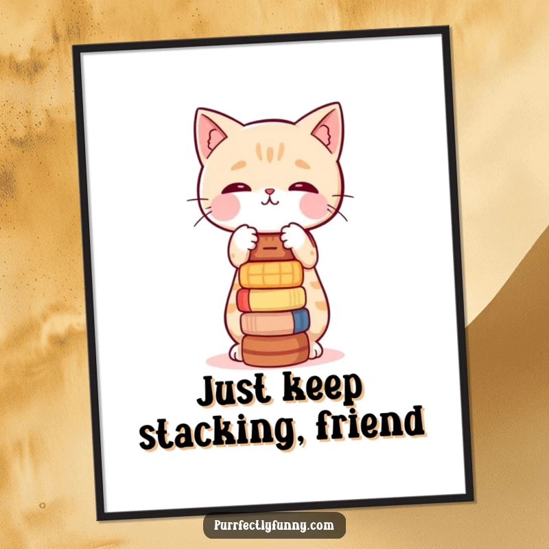 Funny Free Printable Wall Art: A cat masterfully balancing a teetering stack of objects, bringing humor to the wall.