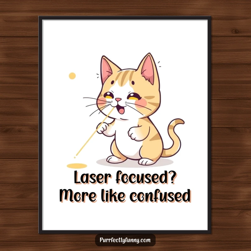 Funny Free Printable Wall Art: Comical cat frozen mid-leap, desperately trying to catch a red laser pointer dot, downloadable decor.
