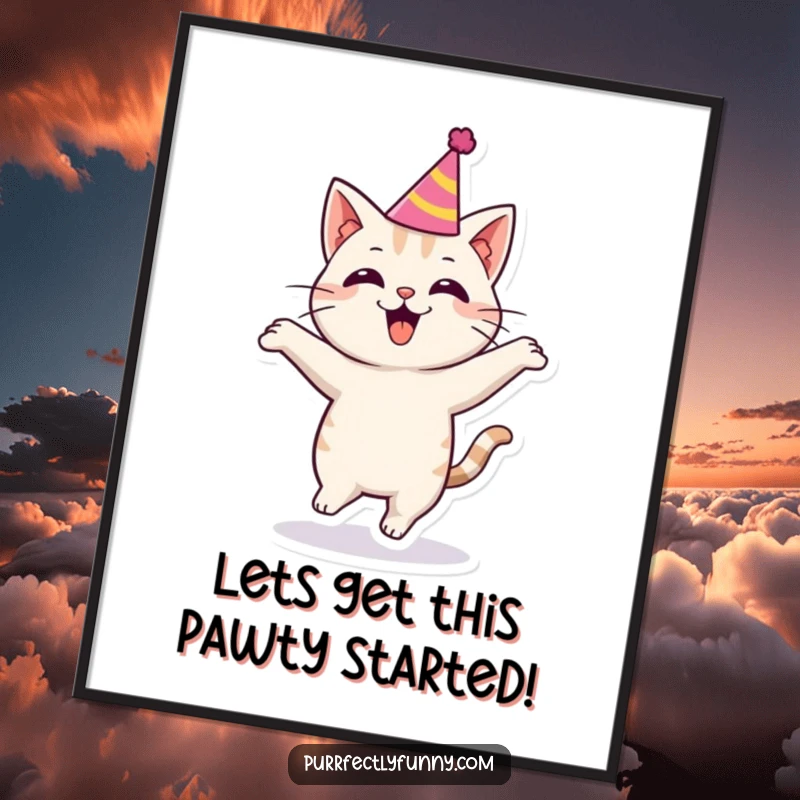 Funny Free Printable Wall Art: A cat wearing a tiny party hat, bouncing excitedly, radiating pure celebration and fun.