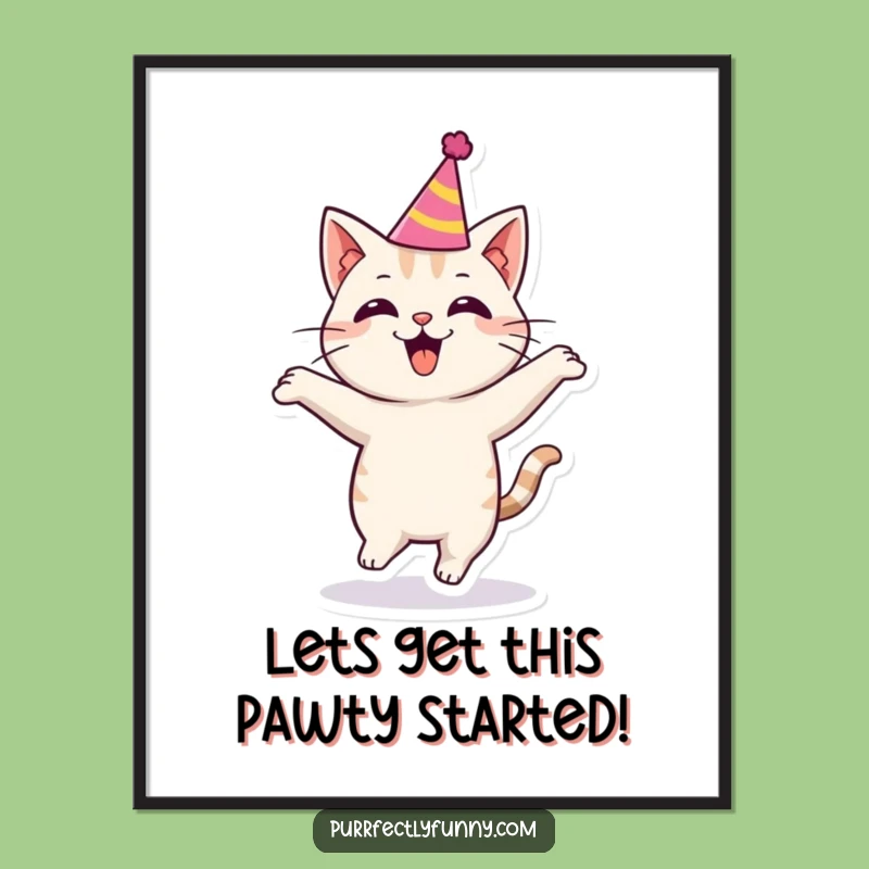 Free Printable Wall Art: Bouncing Cat Party Hat Decor, Humorous Downloadable Art for Fun Spaces