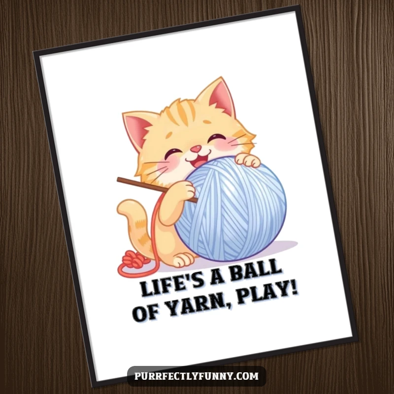 Funny Free Printable Wall Art: A cat gleefully plays with a giant, smiling ball of yarn, capturing a moment of pure, unadulterated fun.