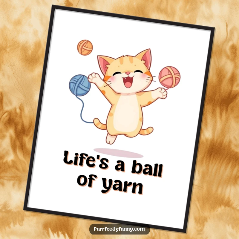 Funny Free Printable Wall Art: A cat in mid-leap energetically juggles three yarn balls, creating a scene of pure, joyful motion.