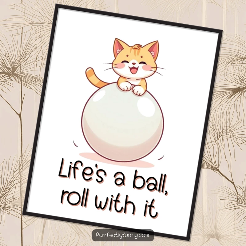 Funny free printable wall art depicting a cat mid-wobble, gleefully riding a huge, unstable bouncy ball. Pure silliness.