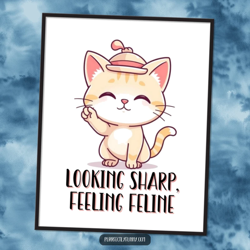 Funny Free Printable Wall Art: A cat character wearing a small hat and striking a confident, artistic pose with flair.