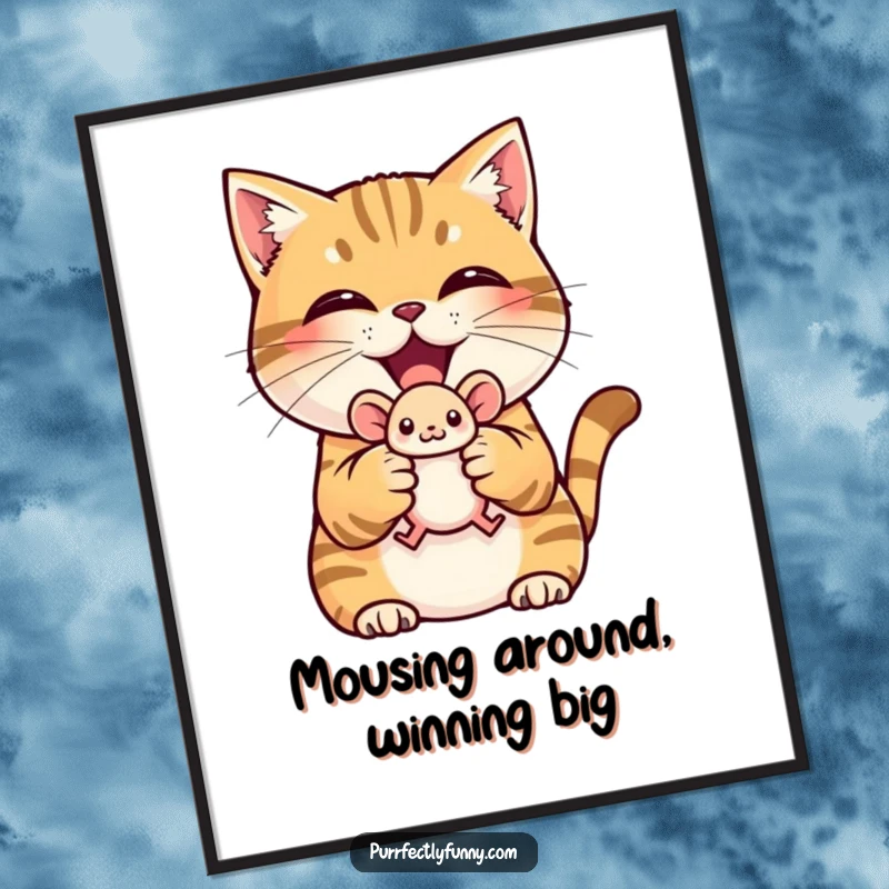 Funny Free Printable Wall Art: A cat with a triumphant grin holds up a small toy mouse.