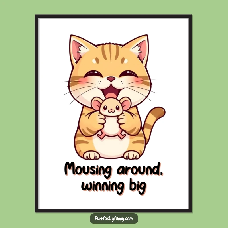 Free Printable Wall Art: Triumphant Cat with Mouse, Humorous Downloadable Decor!
