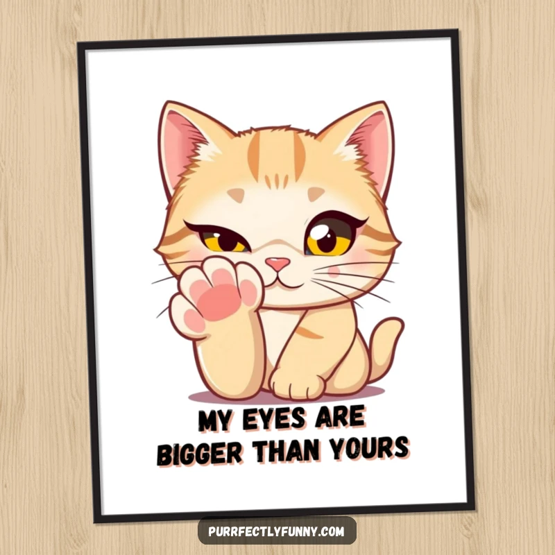 Funny Free Printable Wall Art: A cat with comically large eyes winks playfully from behind its dainty paw.