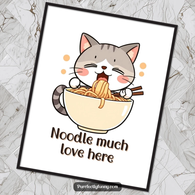 Funny Free Printable Wall Art: Cat happily slurps giant noodle bowl, perfect DIY downloadable art for smiles.