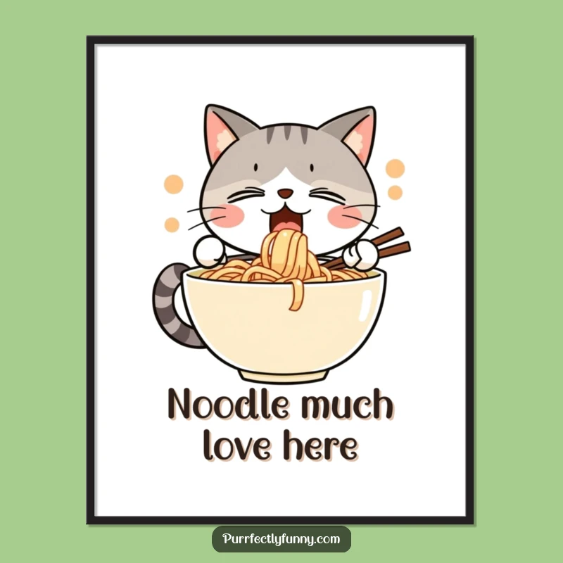 Free Printable Wall Art: Enthusiastic Cat Noodle Slurp - Humorous Downloadable Decor