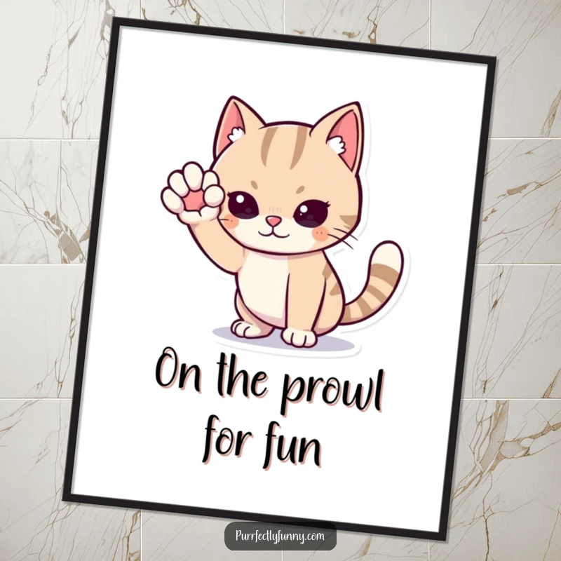 Funny Free Printable Wall Art: A cat is dramatically sneaking, one paw raised mid-air, ready to pounce, downloadable art.