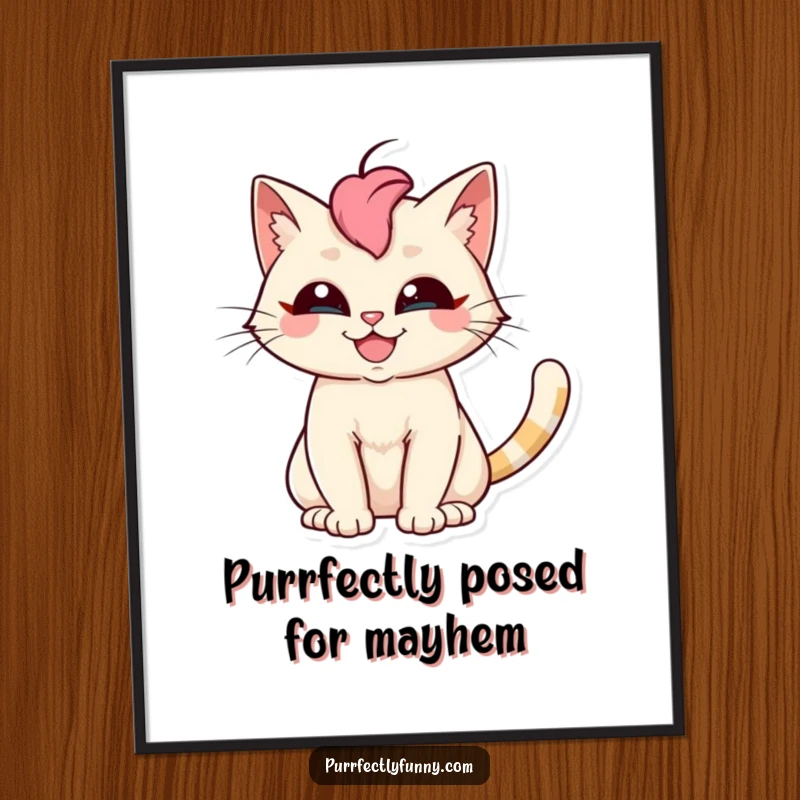 Funny Free Printable Wall Art: A cat with a mischievous grin and a dramatically fanned-out tail.