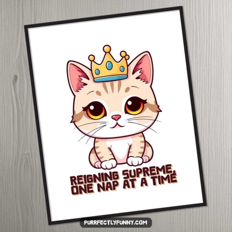 Funny Free Printable Wall Art: A cat poses proudly, wearing a tiny, slightly askew crown. Regal and humorous downloadable art.