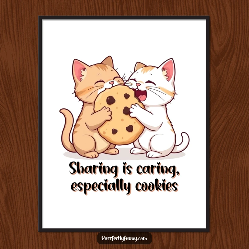Funny free printable wall art of two cats delightfully sharing a comically large cookie. A sweet, quirky scene.