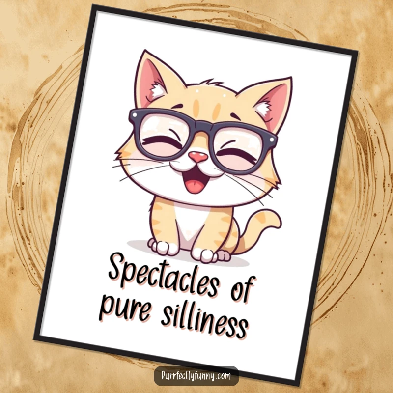 Funny Free Printable Wall Art: A cat wearing large, goofy glasses, captured mid-giggle, perfect for humorous home decor.