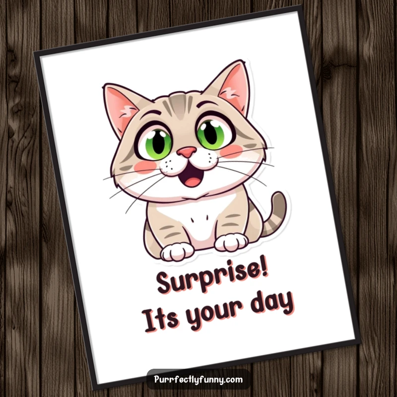 Funny Free Printable Wall Art of a cat with comically huge, surprised eyes and an over-the-top, happy smile.