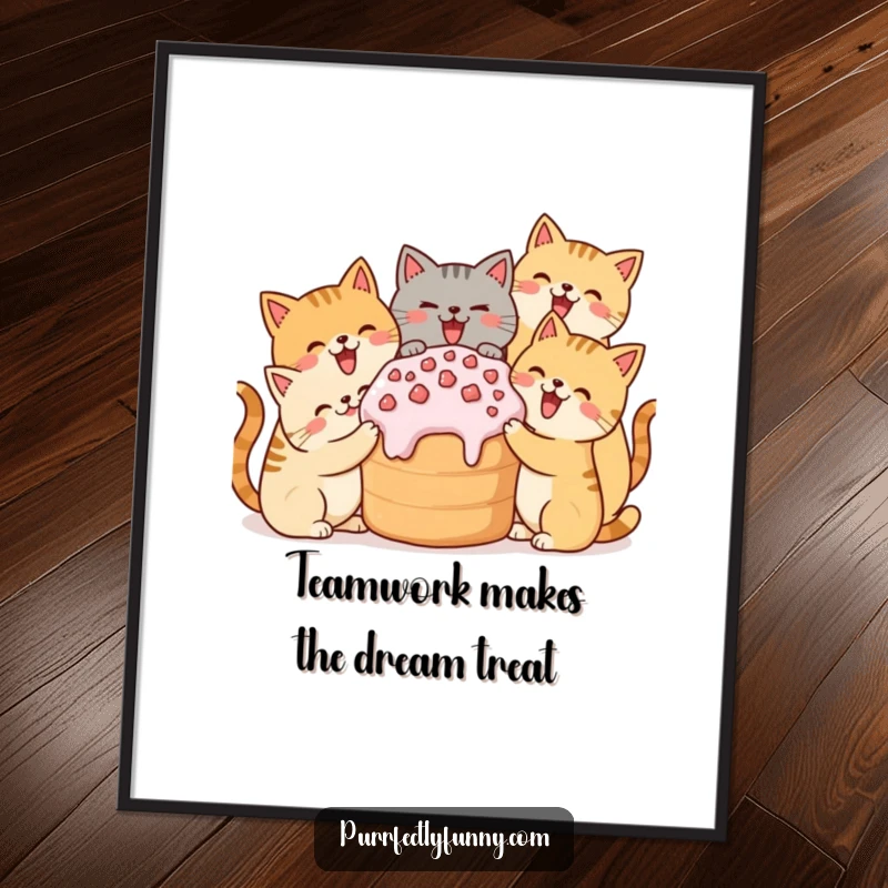 Funny Free Printable Wall Art: Simplified cats gathered around a giant treat, radiating happiness and joy.