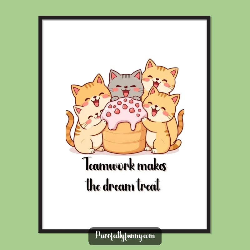 Free Printable Wall Art: Funny Cat Crew Sharing Treat, Humorous Downloadable Decor!