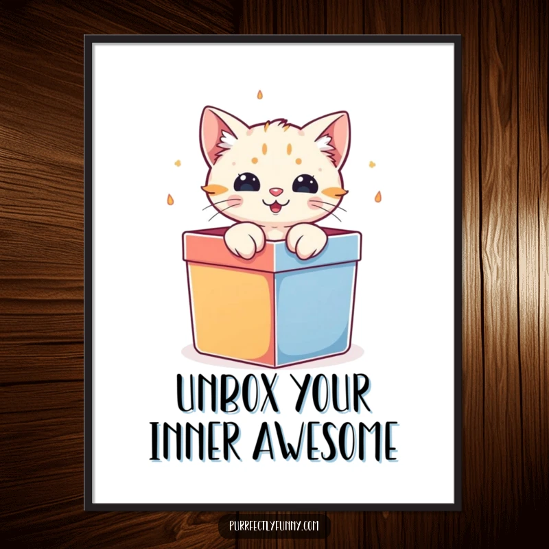 Funny Free Printable Wall Art: A Cat Character Dramatically Bursting Out of a Brightly Colored Gift Box