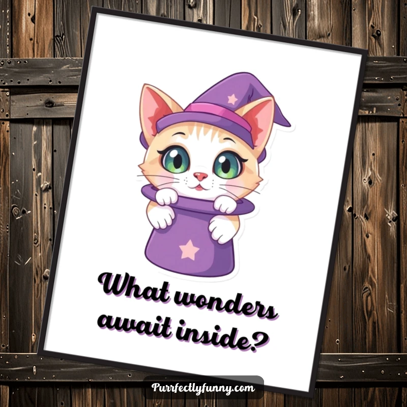 Funny Free Printable Wall Art: Cat with wide, curious eyes fascinated by the contents of a magic hat, whimsical art.