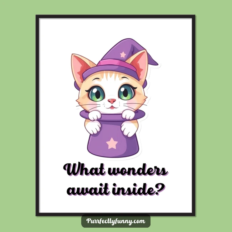 Free Printable Funny Cat Art: Curious Cat Magic Hat, Hilarious Downloadable Decor