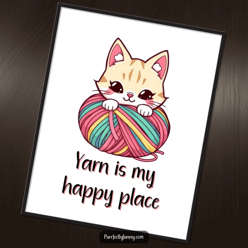 Funny Free Printable Wall Art: A cat with a naughty grin hiding behind a massive ball of colorful yarn, full of fun.