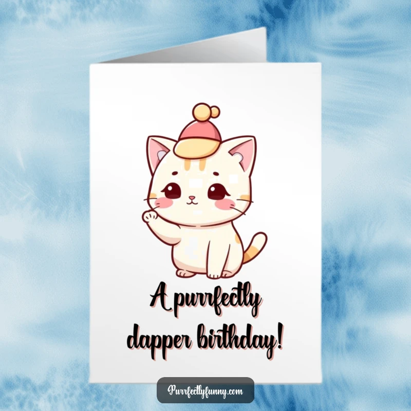Funny Free Printable Birthday Card featuring a cat in a tiny hat, tipping it with a polite paw flourish.