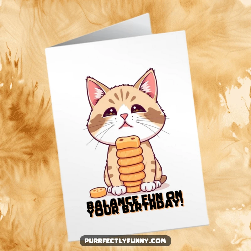 Funny Free Printable Birthday Card: A cat precariously balancing a stack of treats on its nose, a humorous downloadable for birthdays.