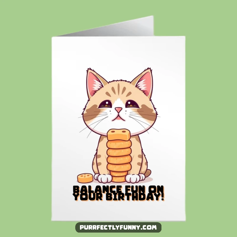 Free Printable Birthday Card: Balancing Treats Cat Downloadable Gift