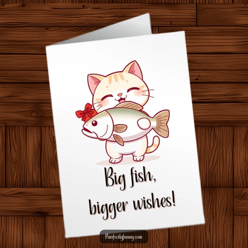 Funny free printable birthday card featuring a smiling cat proudly presenting a giant fish as a humorous gift.