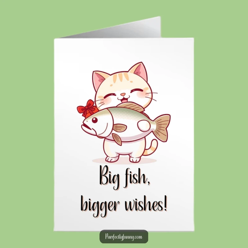 Free Printable Birthday Card: Funny Cat Giving Fish Gift, Humorous Downloadable Card